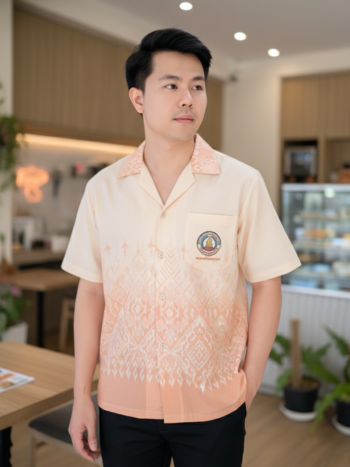 ออกแบบเสื้อทีมผ้าไทย รับผลิตเสื้อทีมผ้าไทย ทรงฮาวาย ด้านหน้า