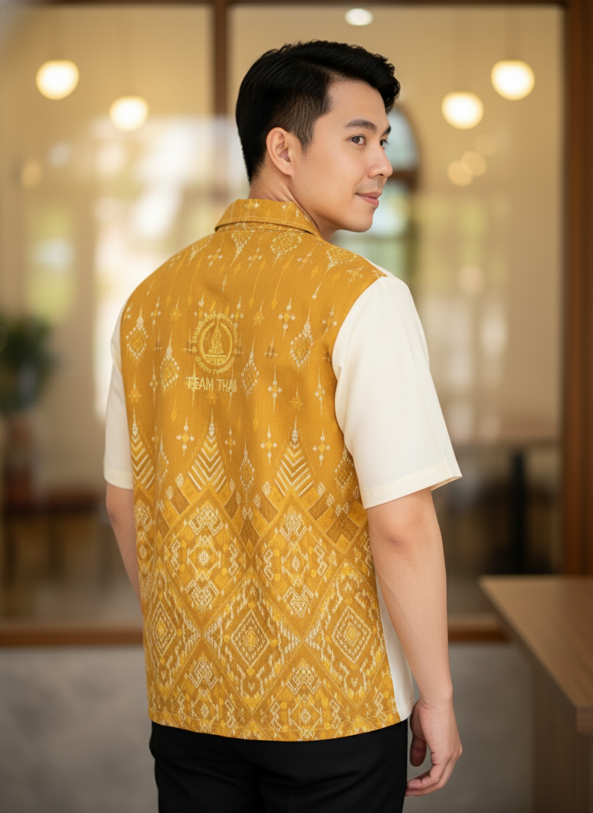 เสื้อทีมผ้าไทย ลายมัดหมี่ ด้านหลัง เสื้อทีมผ้าไทย ลายมัดหมี่ ด้านหลัง