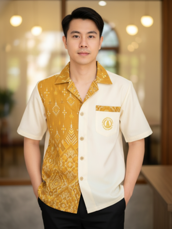 ออกแบบเสื้อทีมผ้าไทย รับผลิตเสื้อทีมผ้าไทย ทรงฮาวาย ด้านหน้า