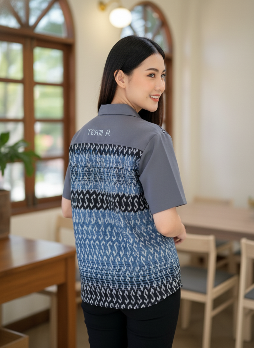 เสื้อทีมผ้าไทย ลายมัดหมี่ ด้านหลัง เสื้อทีมผ้าไทย ลายมัดหมี่ ด้านหลัง
