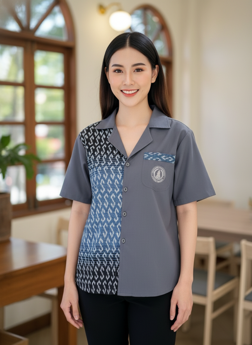 ออกแบบเสื้อทีมผ้าไทย รับผลิตเสื้อทีมผ้าไทย ทรงฮาวาย ด้านหน้า ออกแบบเสื้อทีมผ้าไทย รับผลิตเสื้อทีมผ้าไทย ทรงฮาวาย ด้านหน้า