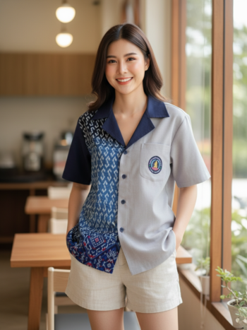 ออกแบบเสื้อทีมผ้าไทย รับผลิตเสื้อทีมผ้าไทย ทรงฮาวาย ด้านหน้า