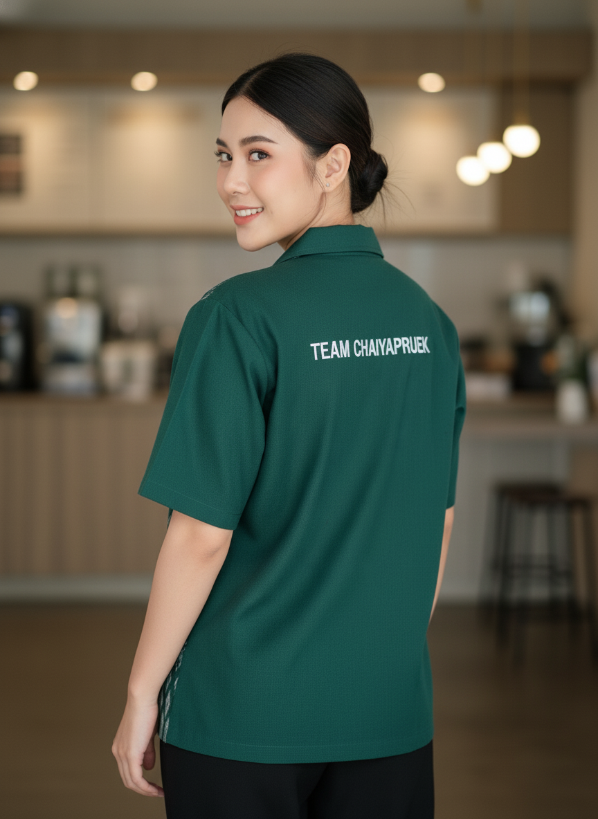 เสื้อทีมผ้าไทย ลายมัดหมี่ ด้านหลัง เสื้อทีมผ้าไทย ลายมัดหมี่ ด้านหลัง