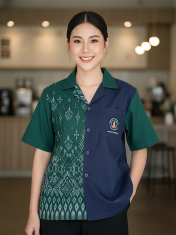 ออกแบบเสื้อทีมผ้าไทย รับผลิตเสื้อทีมผ้าไทย ทรงฮาวาย ด้านหน้า