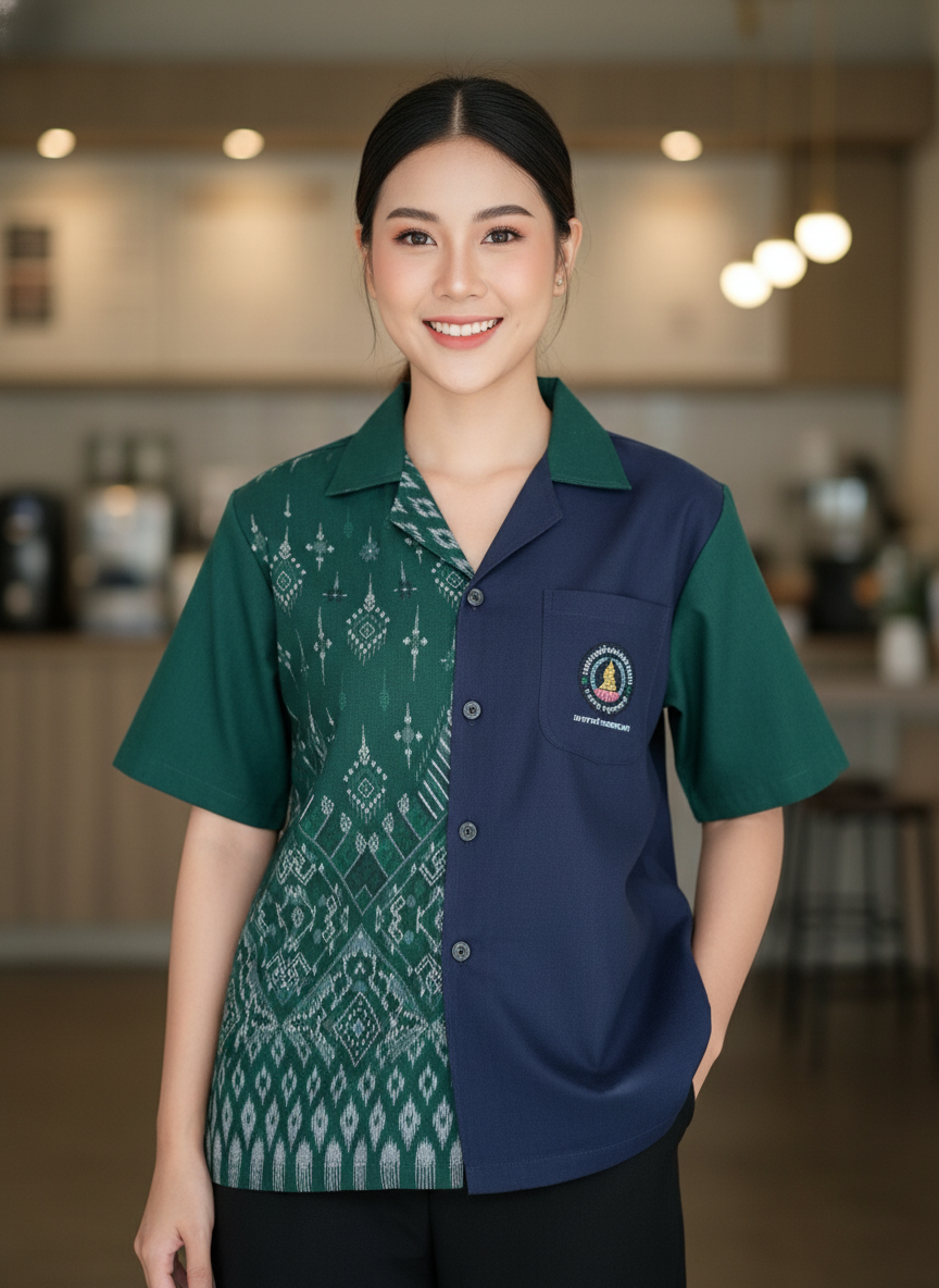 ออกแบบเสื้อทีมผ้าไทย รับผลิตเสื้อทีมผ้าไทย ทรงฮาวาย ด้านหน้า ออกแบบเสื้อทีมผ้าไทย รับผลิตเสื้อทีมผ้าไทย ทรงฮาวาย ด้านหน้า