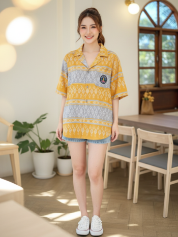 ออกแบบเสื้อทีมผ้าไทย รับผลิตเสื้อทีมผ้าไทย ทรงฮาวาย ด้านหน้า