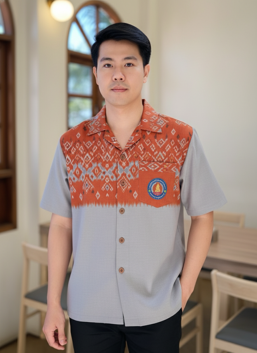 ออกแบบเสื้อทีมผ้าไทย รับผลิตเสื้อทีมผ้าไทย ทรงฮาวาย ด้านหน้า ออกแบบเสื้อทีมผ้าไทย รับผลิตเสื้อทีมผ้าไทย ทรงฮาวาย ด้านหน้า