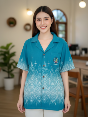ออกแบบเสื้อทีมผ้าไทย รับผลิตเสื้อทีมผ้าไทย ทรงฮาวาย ด้านหน้า