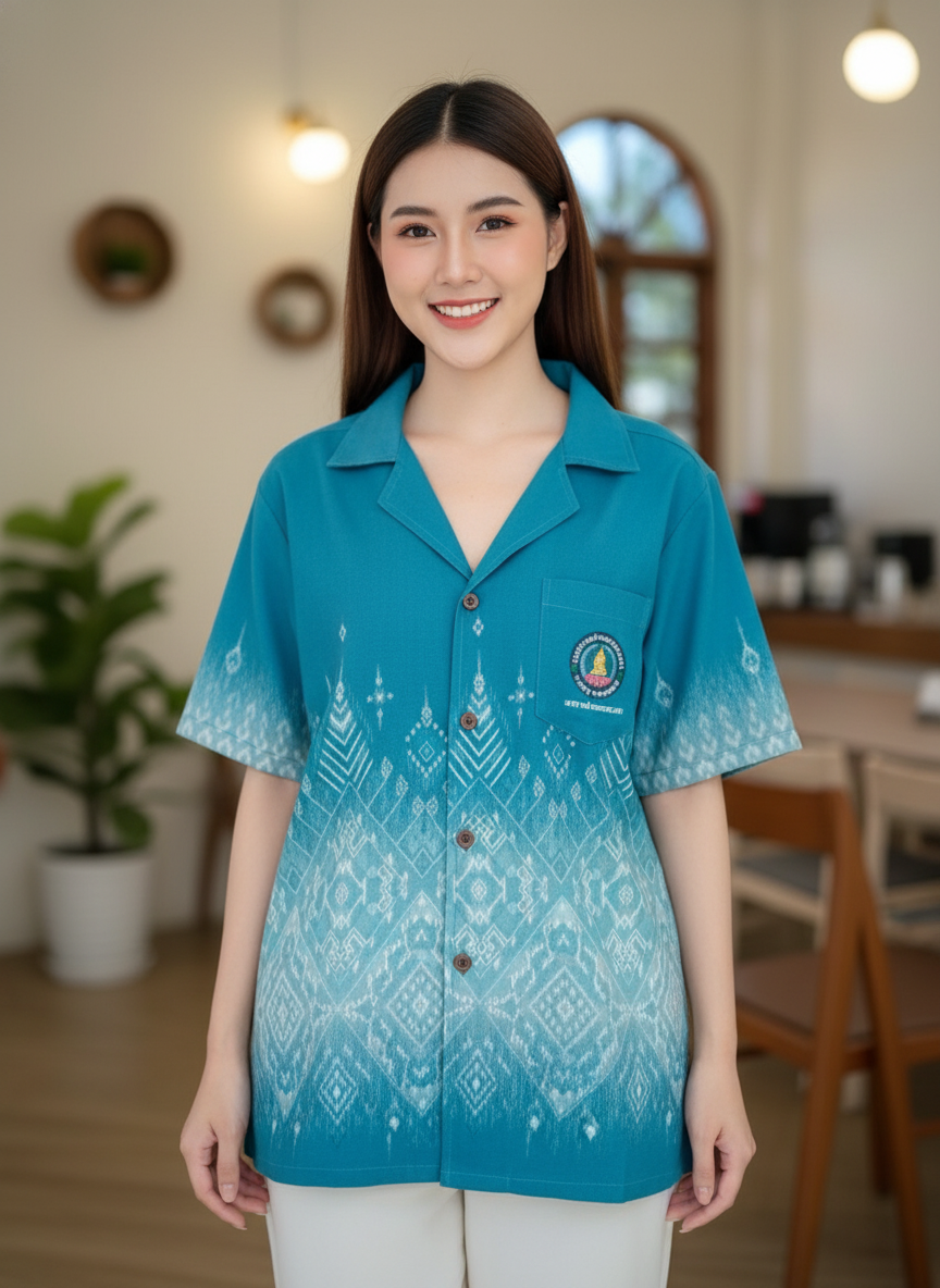 ออกแบบเสื้อทีมผ้าไทย รับผลิตเสื้อทีมผ้าไทย ทรงฮาวาย ด้านหน้า ออกแบบเสื้อทีมผ้าไทย รับผลิตเสื้อทีมผ้าไทย ทรงฮาวาย ด้านหน้า