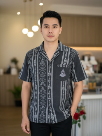 ออกแบบเสื้อทีมผ้าไทย รับผลิตเสื้อทีมผ้าไทย ทรงฮาวาย ด้านหน้า