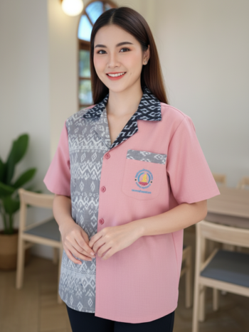 ออกแบบเสื้อทีมผ้าไทย รับผลิตเสื้อทีมผ้าไทย ทรงฮาวาย ด้านหน้า