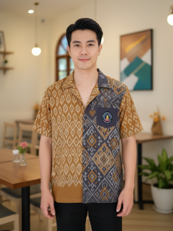 ออกแบบเสื้อทีมผ้าไทย รับผลิตเสื้อทีมผ้าไทย ทรงฮาวาย ด้านหน้า