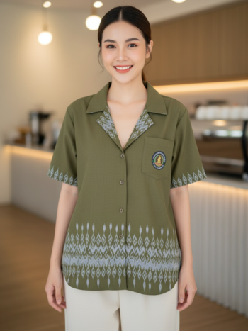ออกแบบเสื้อทีมผ้าไทย รับผลิตเสื้อทีมผ้าไทย ทรงฮาวาย ด้านหน้า