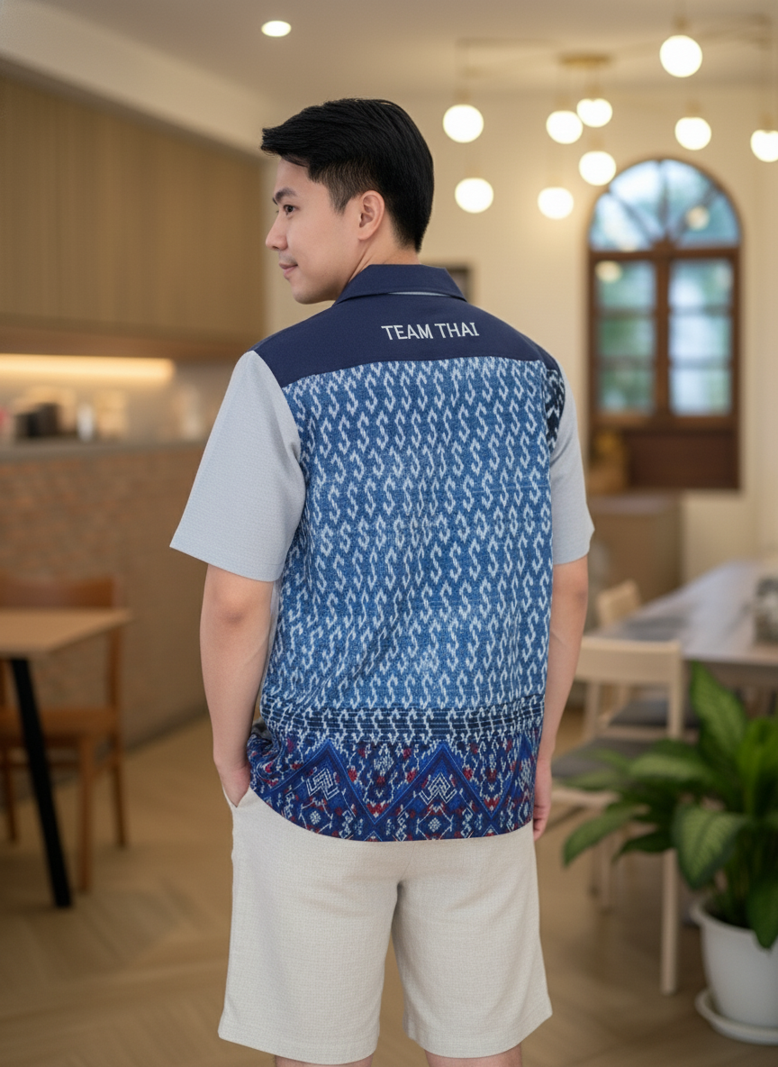 เสื้อทีมผ้าไทย ลายมัดหมี่ ด้านหลัง เสื้อทีมผ้าไทย ลายมัดหมี่ ด้านหลัง