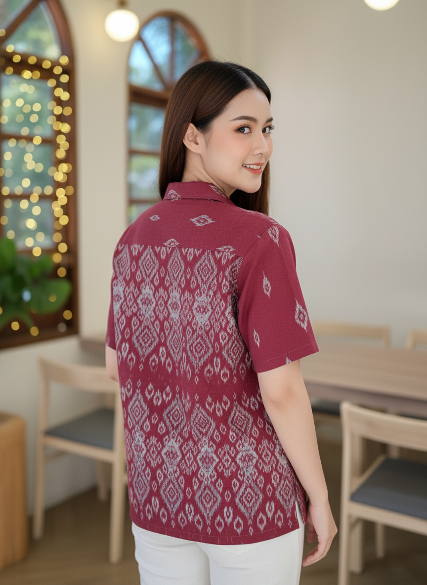 เสื้อทีมผ้าไทย ลายมัดหมี่ ด้านหลัง เสื้อทีมผ้าไทย ลายมัดหมี่ ด้านหลัง