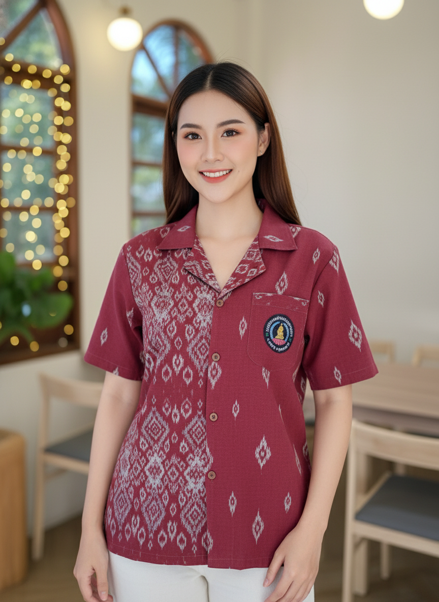 ออกแบบเสื้อทีมผ้าไทย รับผลิตเสื้อทีมผ้าไทย ทรงฮาวาย ด้านหน้า ออกแบบเสื้อทีมผ้าไทย รับผลิตเสื้อทีมผ้าไทย ทรงฮาวาย ด้านหน้า