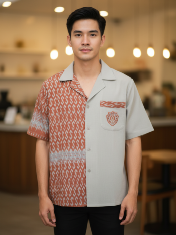 ออกแบบเสื้อทีมผ้าไทย รับผลิตเสื้อทีมผ้าไทย ทรงฮาวาย ด้านหน้า