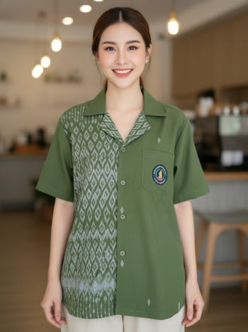 ออกแบบเสื้อทีมผ้าไทย รับผลิตเสื้อทีมผ้าไทย ทรงฮาวาย ด้านหน้า