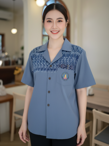 ออกแบบเสื้อทีมผ้าไทย รับผลิตเสื้อทีมผ้าไทย ทรงฮาวาย ด้านหน้า