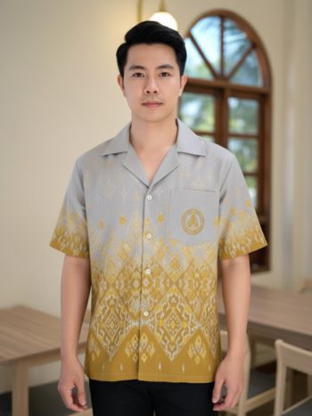 ออกแบบเสื้อทีมผ้าไทย รับผลิตเสื้อทีมผ้าไทย ทรงฮาวาย ด้านหน้า