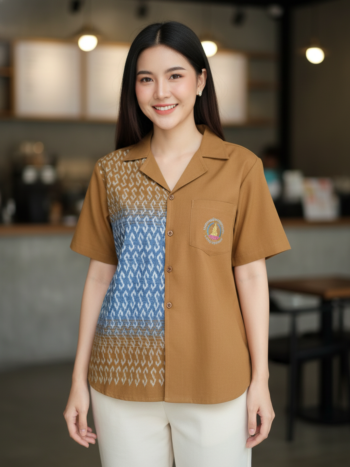 ออกแบบเสื้อทีมผ้าไทย รับผลิตเสื้อทีมผ้าไทย ทรงฮาวาย ด้านหน้า