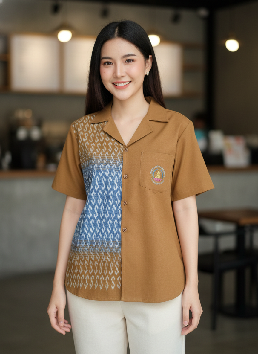 ออกแบบเสื้อทีมผ้าไทย รับผลิตเสื้อทีมผ้าไทย ทรงฮาวาย ด้านหน้า ออกแบบเสื้อทีมผ้าไทย รับผลิตเสื้อทีมผ้าไทย ทรงฮาวาย ด้านหน้า