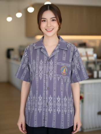 ออกแบบเสื้อทีมผ้าไทย รับผลิตเสื้อทีมผ้าไทย ทรงฮาวาย ด้านหน้า