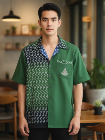 ออกแบบเสื้อทีมผ้าไทย รับผลิตเสื้อทีมผ้าไทย ทรงฮาวาย ด้านหน้า