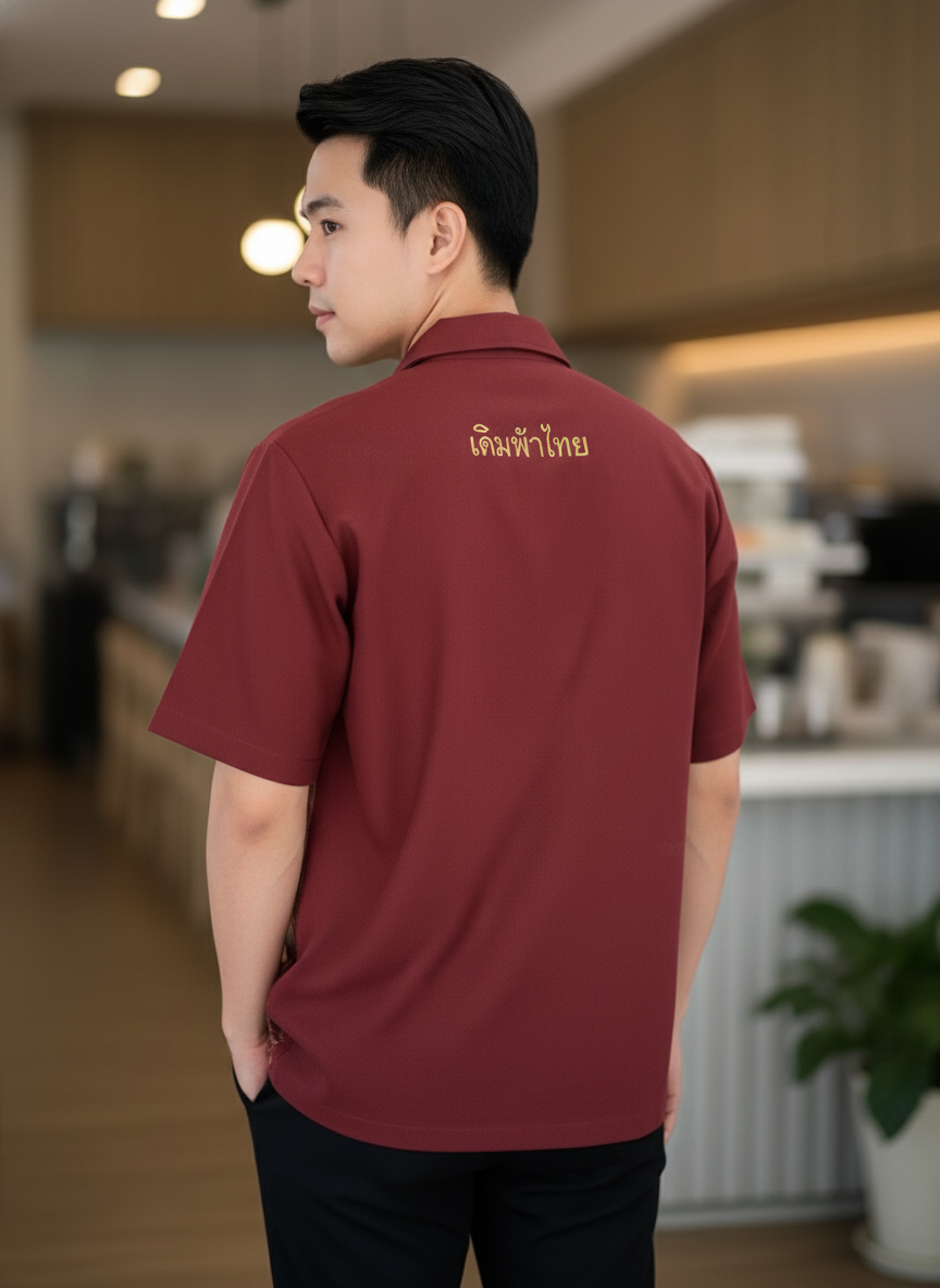 เสื้อทีมผ้าไทย ลายมัดหมี่ ด้านหลัง เสื้อทีมผ้าไทย ลายมัดหมี่ ด้านหลัง