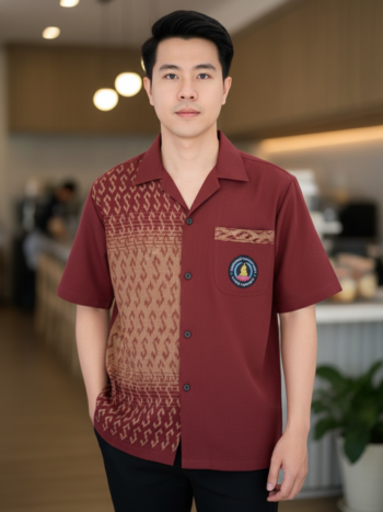 ออกแบบเสื้อทีมผ้าไทย รับผลิตเสื้อทีมผ้าไทย ทรงฮาวาย ด้านหน้า