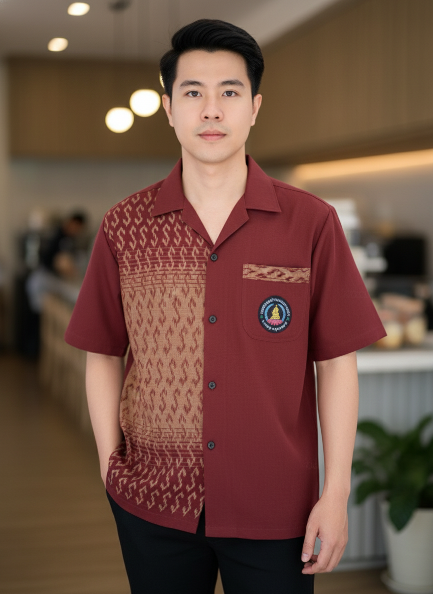 ออกแบบเสื้อทีมผ้าไทย รับผลิตเสื้อทีมผ้าไทย ทรงฮาวาย ด้านหน้า ออกแบบเสื้อทีมผ้าไทย รับผลิตเสื้อทีมผ้าไทย ทรงฮาวาย ด้านหน้า