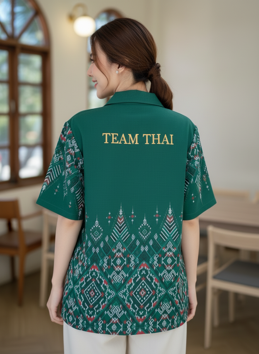 เสื้อทีมผ้าไทย ลายมัดหมี่ ด้านหลัง เสื้อทีมผ้าไทย ลายมัดหมี่ ด้านหลัง