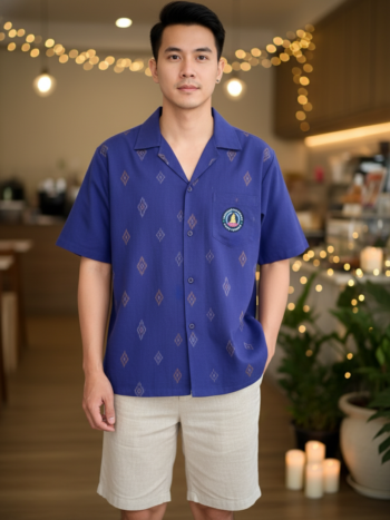 ออกแบบเสื้อทีมผ้าไทย รับผลิตเสื้อทีมผ้าไทย ทรงฮาวาย ด้านหน้า