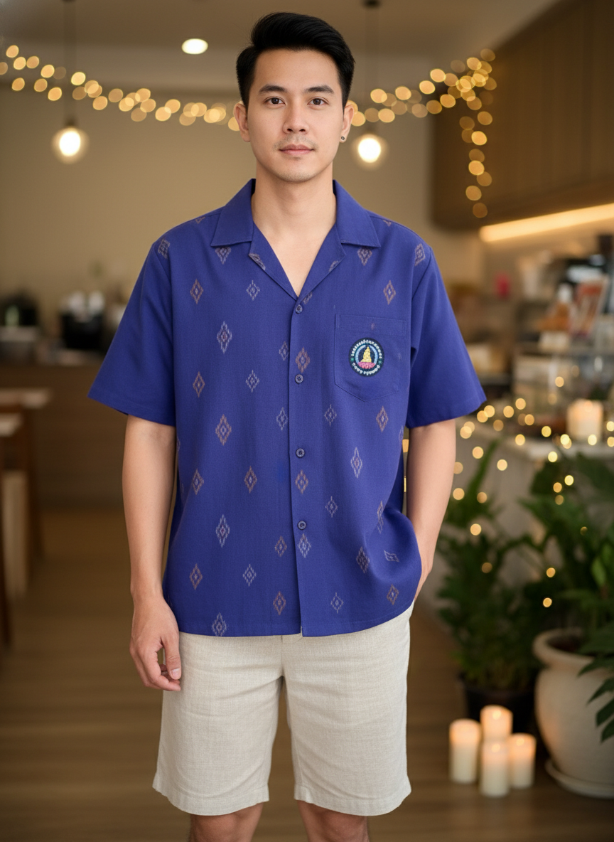ออกแบบเสื้อทีมผ้าไทย รับผลิตเสื้อทีมผ้าไทย ทรงฮาวาย ด้านหน้า ออกแบบเสื้อทีมผ้าไทย รับผลิตเสื้อทีมผ้าไทย ทรงฮาวาย ด้านหน้า
