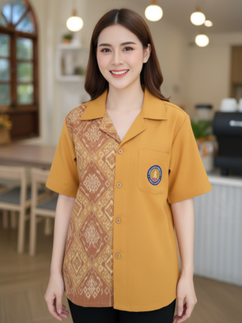 ออกแบบเสื้อทีมผ้าไทย รับผลิตเสื้อทีมผ้าไทย ทรงฮาวาย ด้านหน้า
