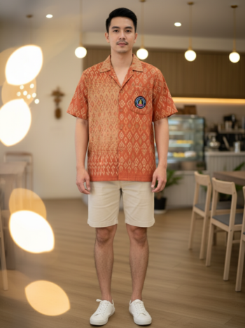 ออกแบบเสื้อทีมผ้าไทย รับผลิตเสื้อทีมผ้าไทย ทรงฮาวาย ด้านหน้า