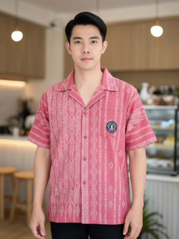 ออกแบบเสื้อทีมผ้าไทย รับผลิตเสื้อทีมผ้าไทย ทรงฮาวาย ด้านหน้า