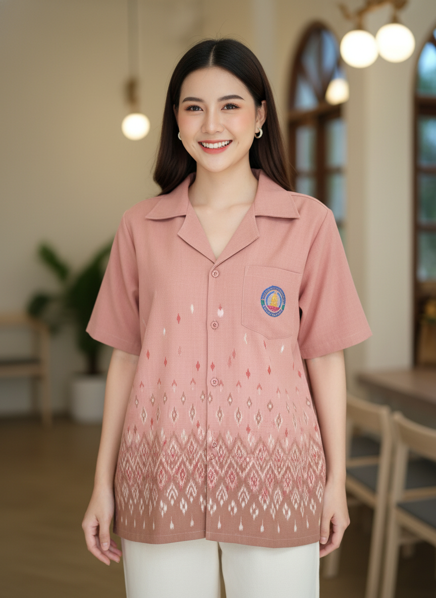 ออกแบบเสื้อทีมผ้าไทย รับผลิตเสื้อทีมผ้าไทย ทรงฮาวาย ด้านหน้า ออกแบบเสื้อทีมผ้าไทย รับผลิตเสื้อทีมผ้าไทย ทรงฮาวาย ด้านหน้า