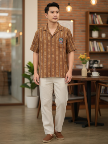 ออกแบบเสื้อทีมผ้าไทย รับผลิตเสื้อทีมผ้าไทย ทรงฮาวาย ด้านหน้า