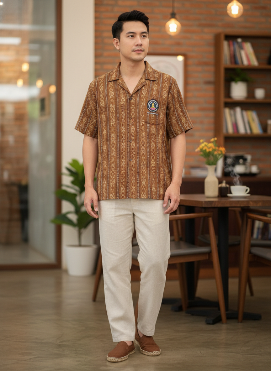 ออกแบบเสื้อทีมผ้าไทย รับผลิตเสื้อทีมผ้าไทย ทรงฮาวาย ด้านหน้า ออกแบบเสื้อทีมผ้าไทย รับผลิตเสื้อทีมผ้าไทย ทรงฮาวาย ด้านหน้า