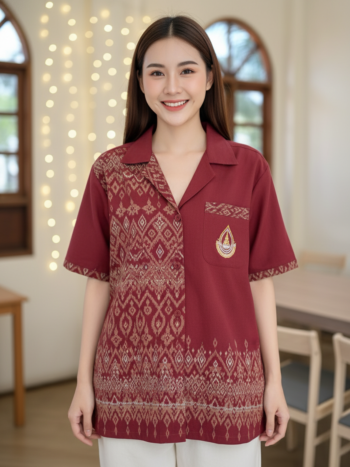 ออกแบบเสื้อทีมผ้าไทย รับผลิตเสื้อทีมผ้าไทย ทรงฮาวาย ด้านหน้า