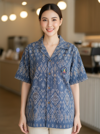 ออกแบบเสื้อทีมผ้าไทย รับผลิตเสื้อทีมผ้าไทย ทรงฮาวาย ด้านหน้า