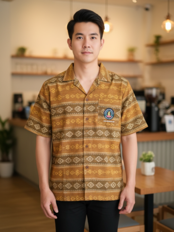 ออกแบบเสื้อทีมผ้าไทย รับผลิตเสื้อทีมผ้าไทย ทรงฮาวาย ด้านหน้า