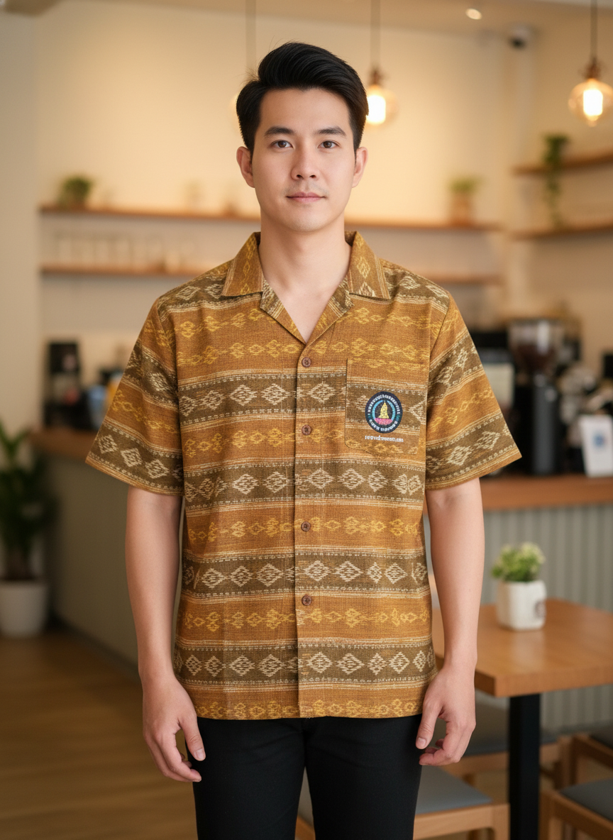 ออกแบบเสื้อทีมผ้าไทย รับผลิตเสื้อทีมผ้าไทย ทรงฮาวาย ด้านหน้า ออกแบบเสื้อทีมผ้าไทย รับผลิตเสื้อทีมผ้าไทย ทรงฮาวาย ด้านหน้า