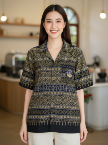 ออกแบบเสื้อทีมผ้าไทย รับผลิตเสื้อทีมผ้าไทย ทรงฮาวาย ด้านหน้า
