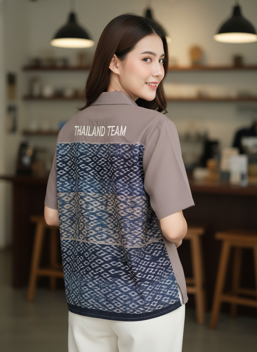 เสื้อทีมผ้าไทย ลายมัดหมี่ ด้านหลัง เสื้อทีมผ้าไทย ลายมัดหมี่ ด้านหลัง