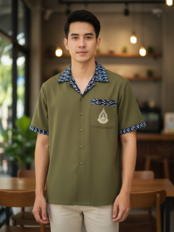 ออกแบบเสื้อทีมผ้าไทย รับผลิตเสื้อทีมผ้าไทย ทรงฮาวาย ด้านหน้า