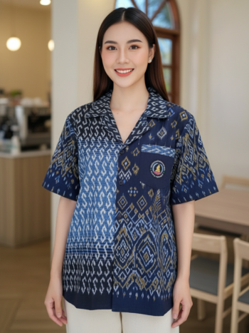 ออกแบบเสื้อทีมผ้าไทย รับผลิตเสื้อทีมผ้าไทย ทรงฮาวาย ด้านหน้า