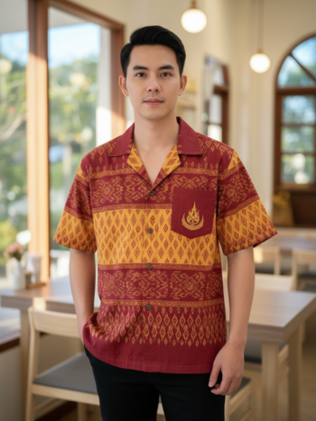 ออกแบบเสื้อทีมผ้าไทย รับผลิตเสื้อทีมผ้าไทย ทรงฮาวาย ด้านหน้า