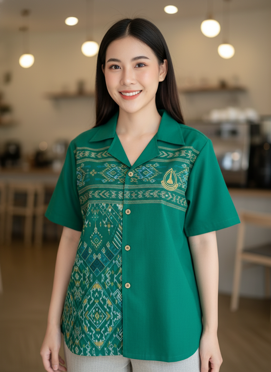 ออกแบบเสื้อทีมผ้าไทย รับผลิตเสื้อทีมผ้าไทย ทรงฮาวาย ด้านหน้า ออกแบบเสื้อทีมผ้าไทย รับผลิตเสื้อทีมผ้าไทย ทรงฮาวาย ด้านหน้า